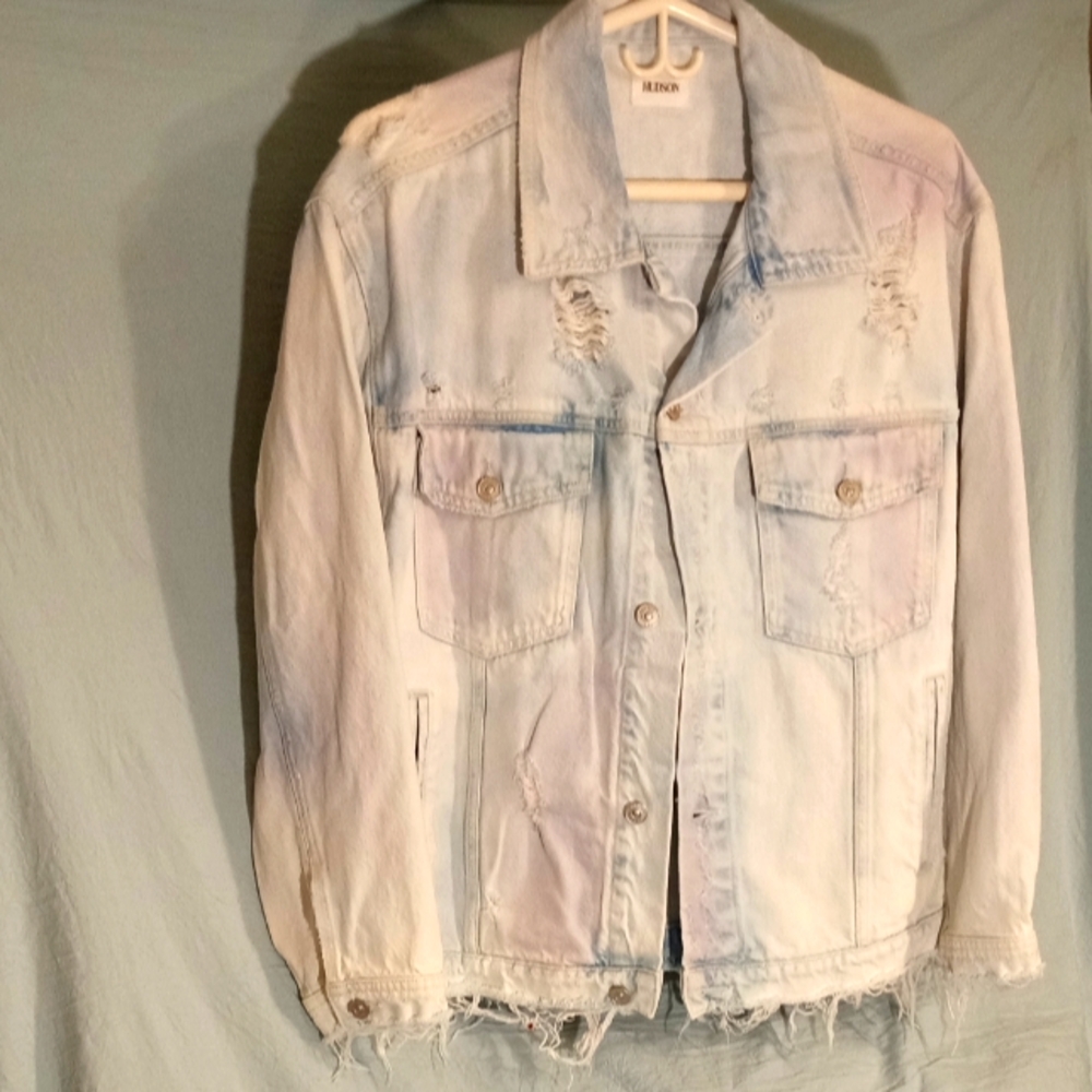 Hudson Distressed denim Jacket with Shadows of Pinkish Purple Medium loose fit